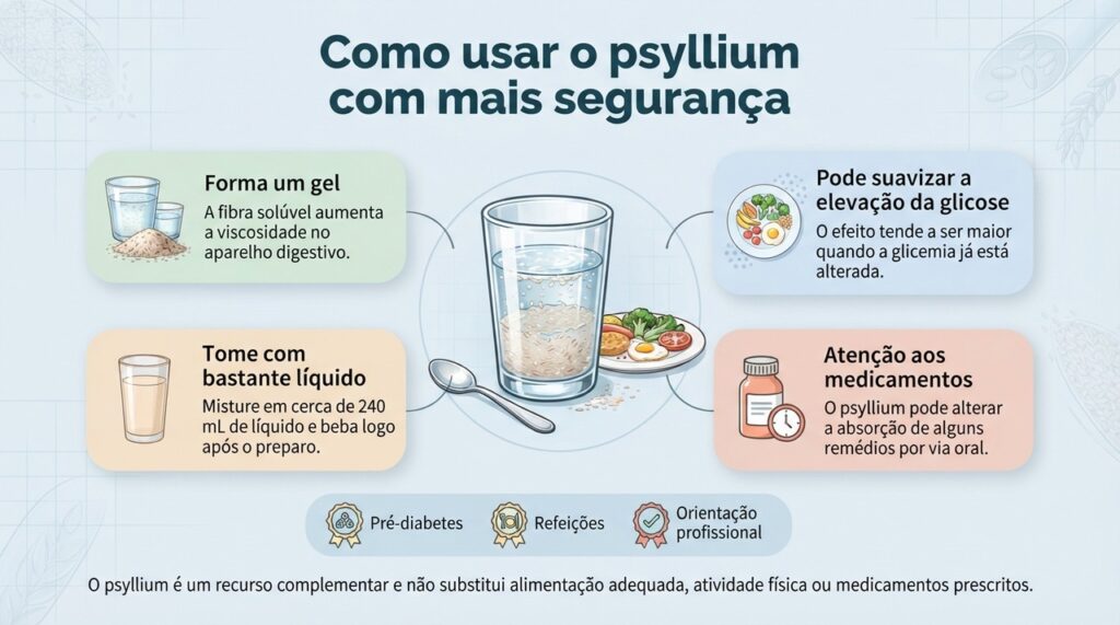 Água suficiente, uso próximo das refeições e atenção aos medicamentos são cuidados importantes ao incluir psyllium na rotina.