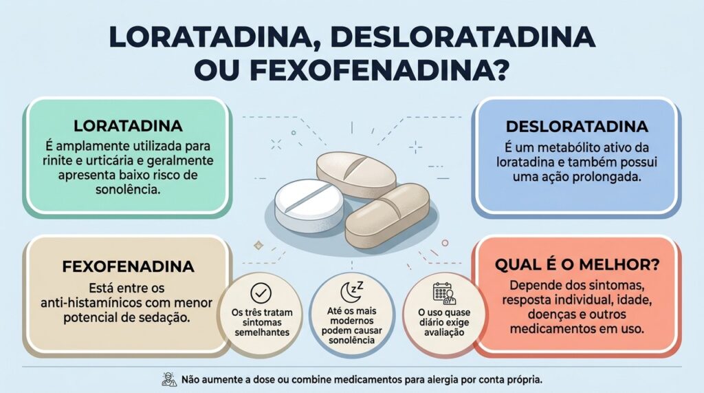 Os três anti-histamínicos têm indicações parecidas, mas diferem principalmente no metabolismo, nas apresentações e no potencial de sedação.