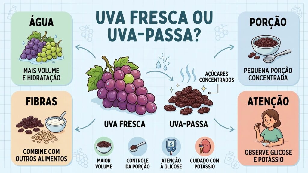 Água, porção, fibras e atenção à glicose ajudam a escolher entre uva fresca e passa.