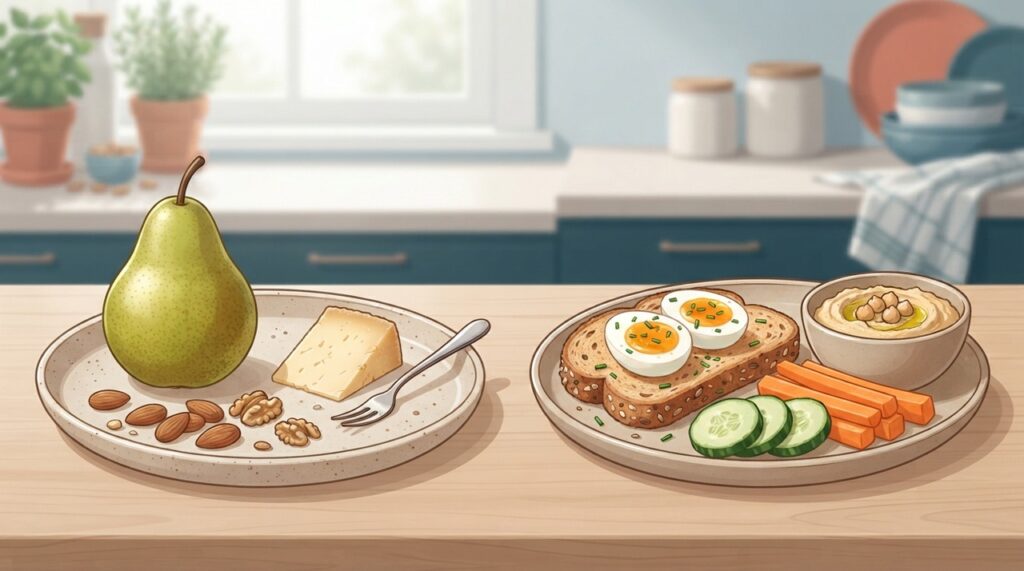 Combinar carboidratos com fontes de proteína, fibras ou gorduras saudáveis pode ajudar a montar um lanche mais equilibrado.