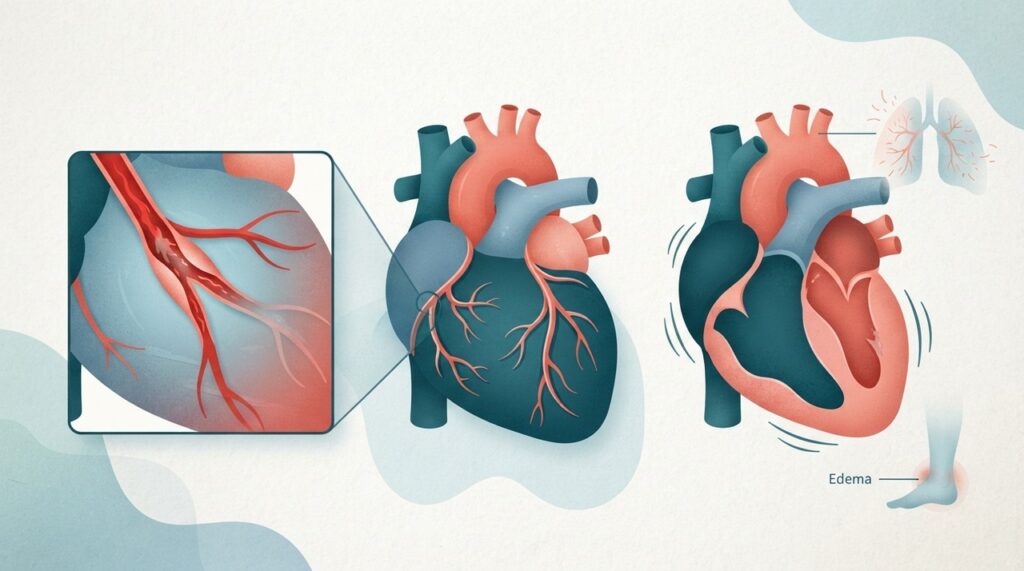 No infarto, o problema principal costuma ser a interrupção do fluxo em uma coronária; na insuficiência cardíaca, o coração não bombeia ou recebe sangue adequadamente.