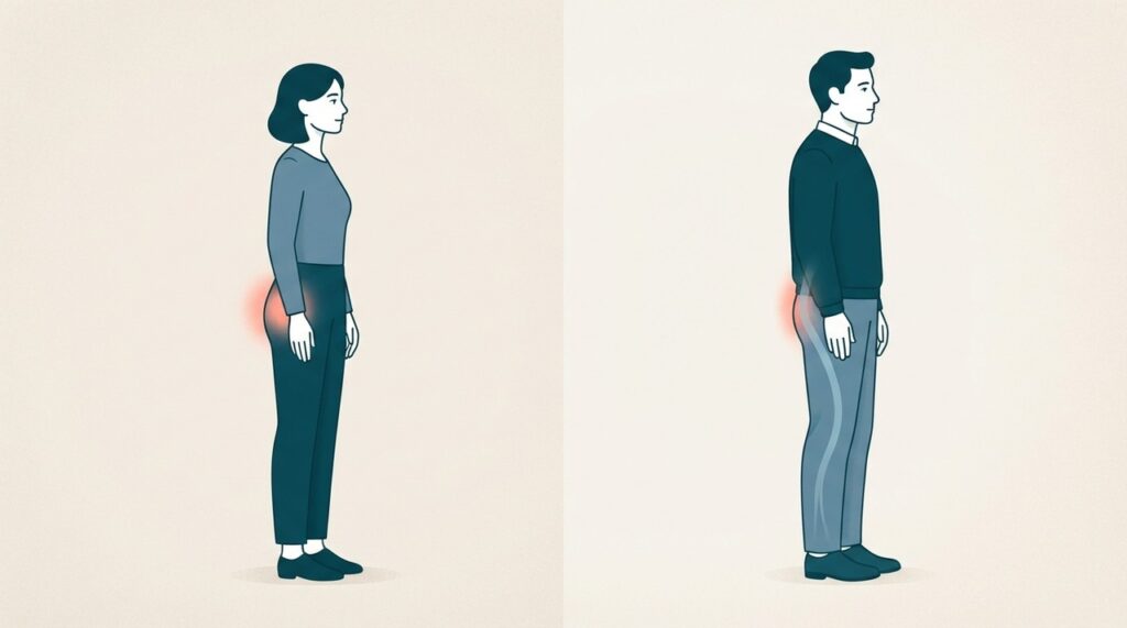 A bursite tende a causar dor mais lateral no quadril, enquanto a ciática costuma seguir um trajeto diferente pela perna.