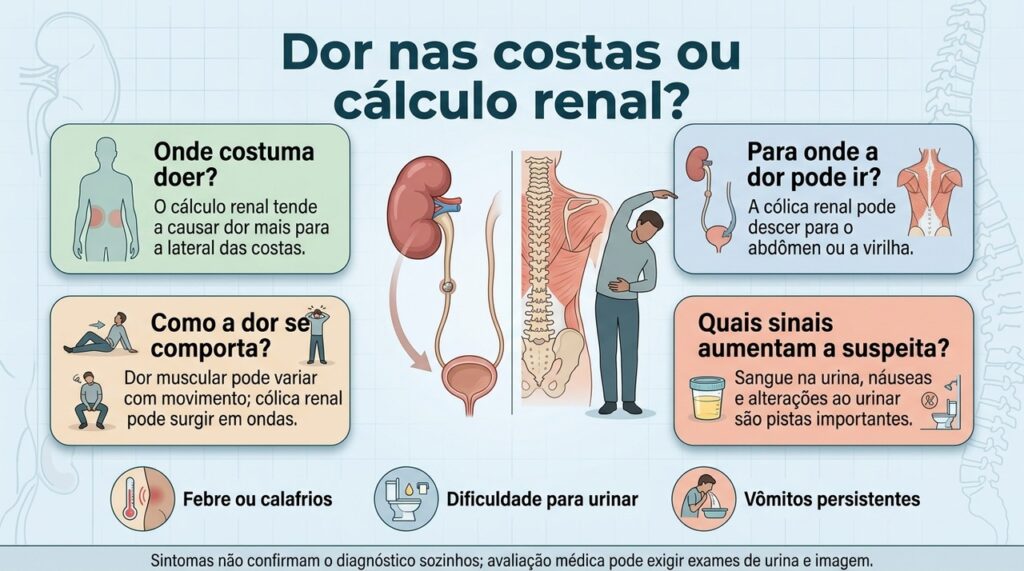 A combinação de localização, irradiação, comportamento da dor e sintomas urinários ajuda a orientar a suspeita.