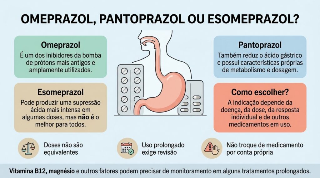 A escolha entre omeprazol, pantoprazol e esomeprazol deve considerar o quadro clínico, a dose necessária e a resposta de cada pessoa.