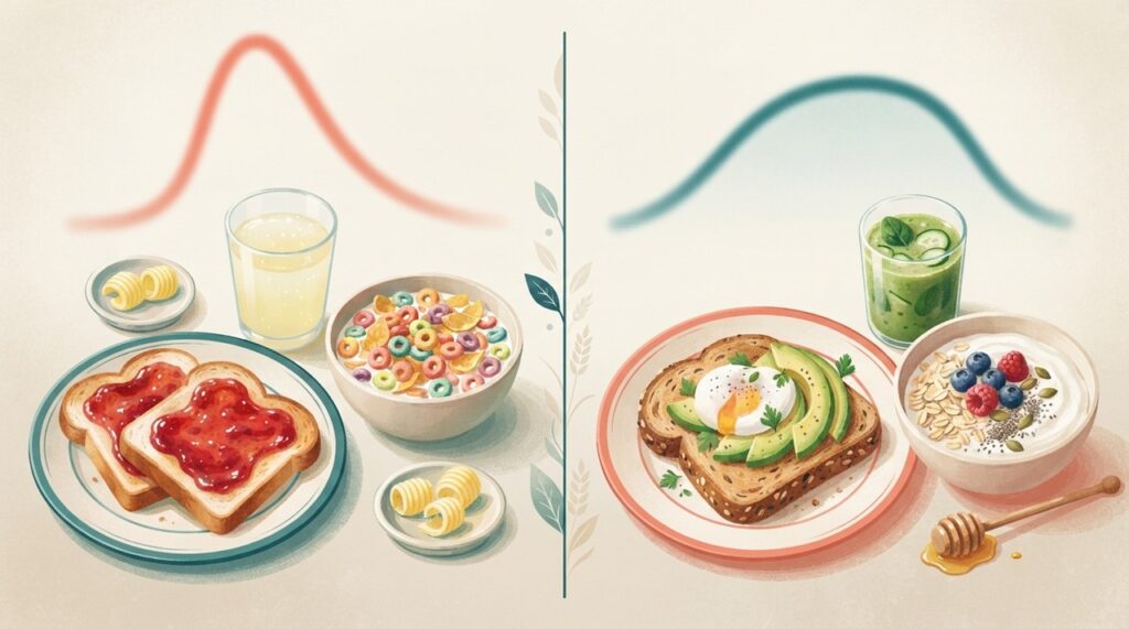 O efeito do café da manhã sobre a glicose depende da quantidade e da combinação dos alimentos na refeição.