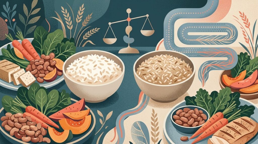 O arroz integral oferece mais fibras, mas a quantidade servida e os acompanhamentos mudam o efeito da refeição.