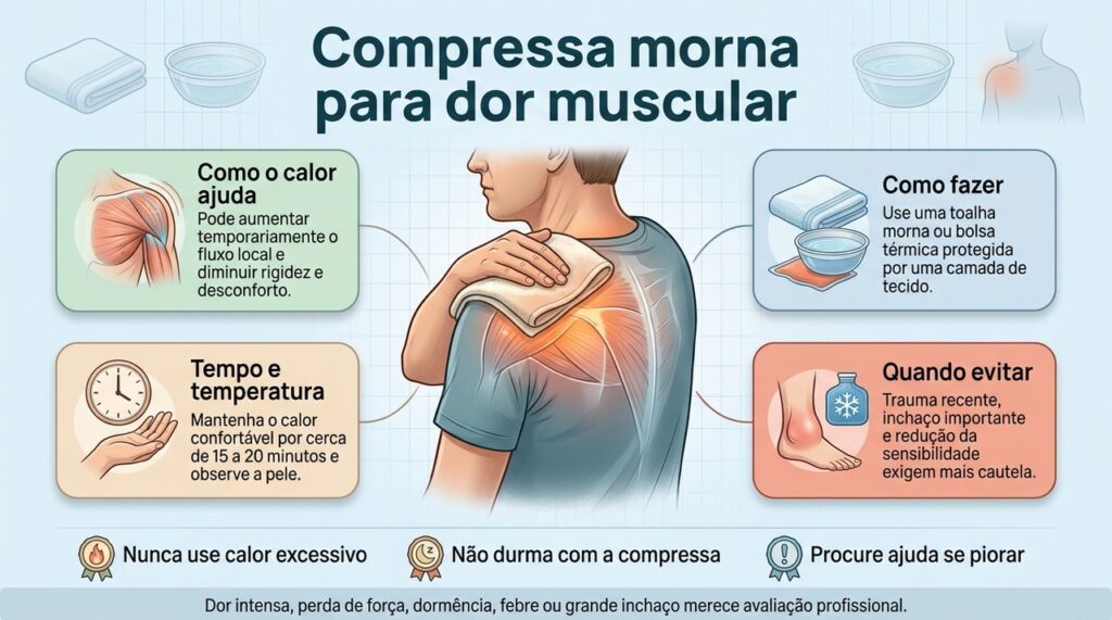 Controlar a temperatura, limitar o tempo de aplicação e observar a pele ajuda a tornar o uso da compressa morna mais seguro.