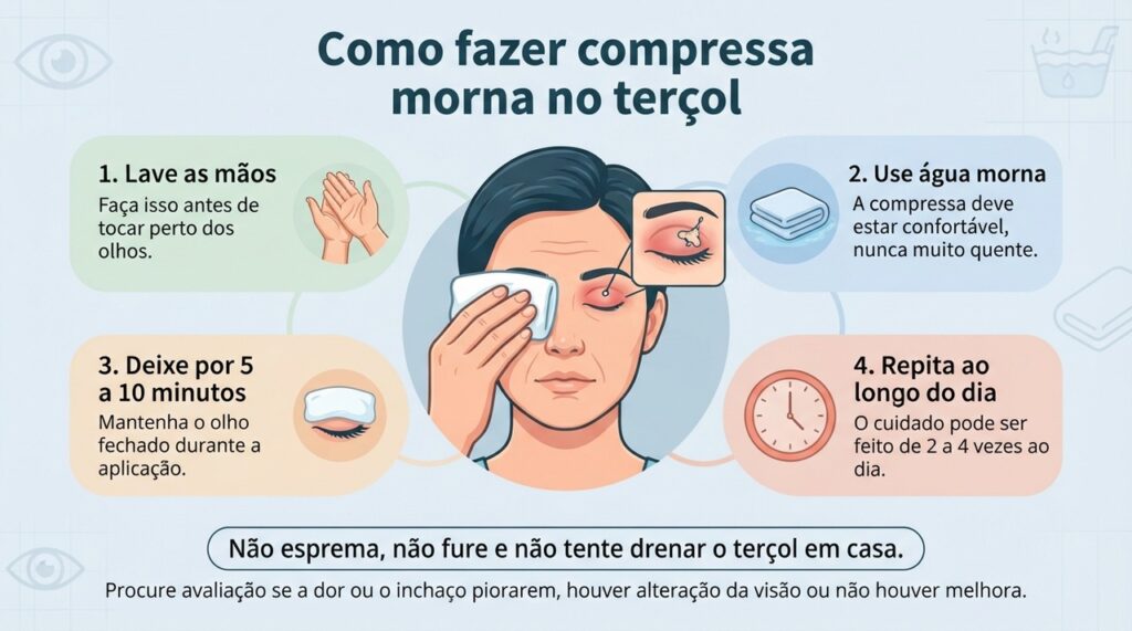 Compressa morna, higiene das mãos e evitar manipular a pálpebra estão entre os principais cuidados com o terçol.