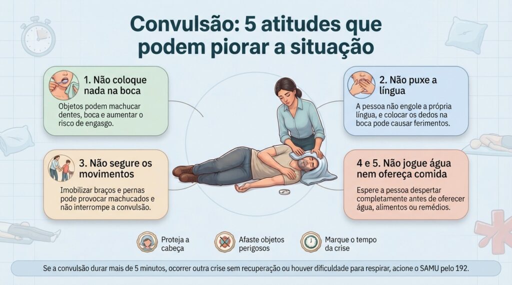 Durante uma convulsão, o mais seguro é proteger a pessoa de ferimentos, observar o tempo da crise e permanecer por perto.