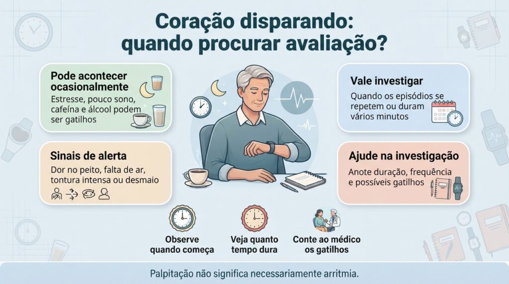 Frequência, duração e sintomas associados ajudam a indicar quando uma palpitação precisa de avaliação.