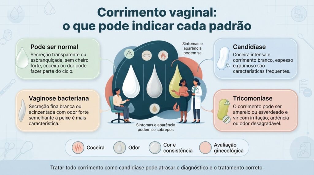 Diferentes causas podem alterar cor, consistência, odor e sintomas, por isso a avaliação correta é mais segura do que tratar pela aparência.