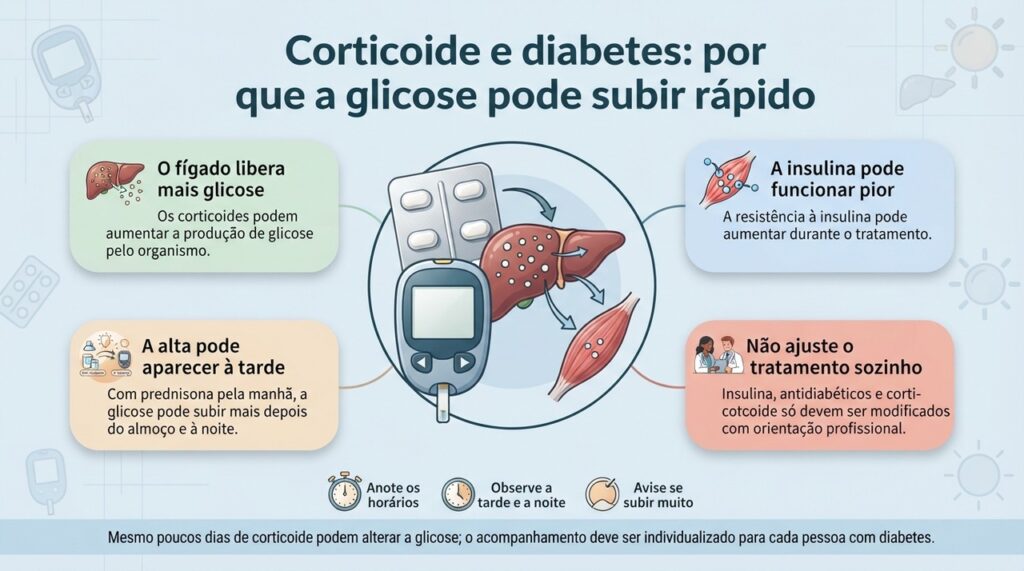 O aumento da glicose pode aparecer rapidamente com corticoides, por isso algumas pessoas com diabetes precisam de monitoramento mais próximo durante o tratamento.