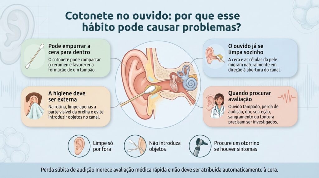 Introduzir objetos no canal auditivo pode compactar a cera e machucar estruturas delicadas do ouvido.