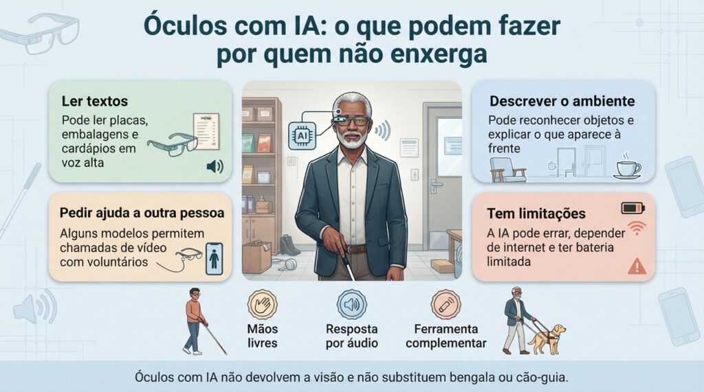 Os óculos com IA podem ampliar o acesso a informações visuais, mas funcionam como apoio adicional e não substituem recursos de mobilidade.