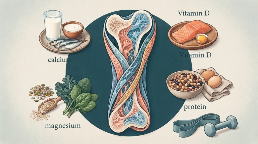 A estrutura dos ossos depende de diferentes nutrientes, enquanto o exercício ajuda a preservar massa e resistência óssea.