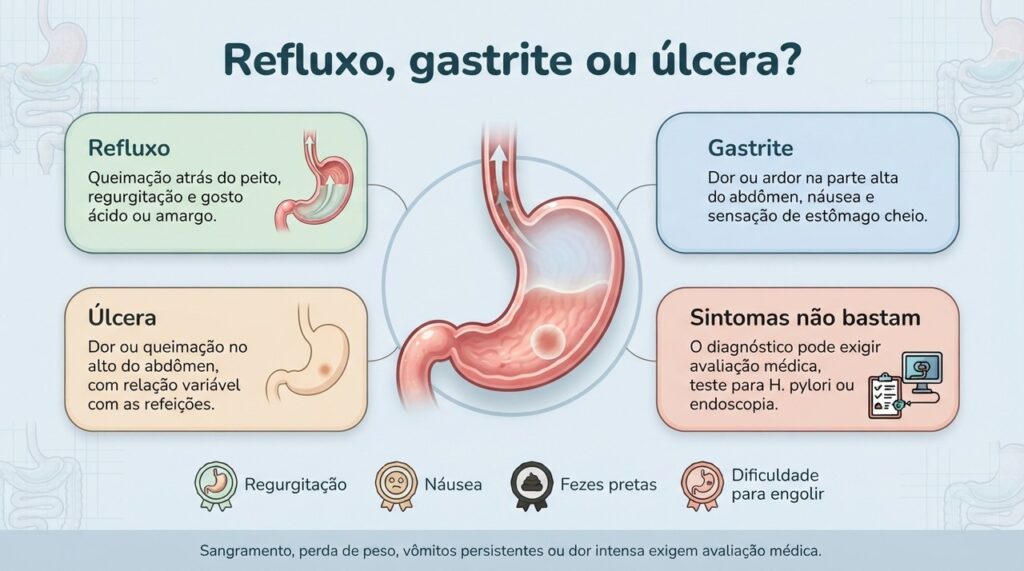 Refluxo, gastrite e úlcera podem se parecer nos sintomas, e a diferenciação correta pode exigir exames e avaliação médica.