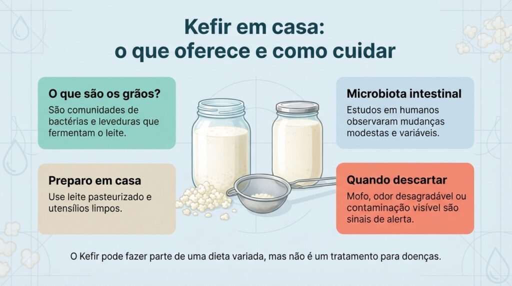 O kefir pode integrar uma alimentação equilibrada, desde que seja preparado com higiene e sem promessas terapêuticas.