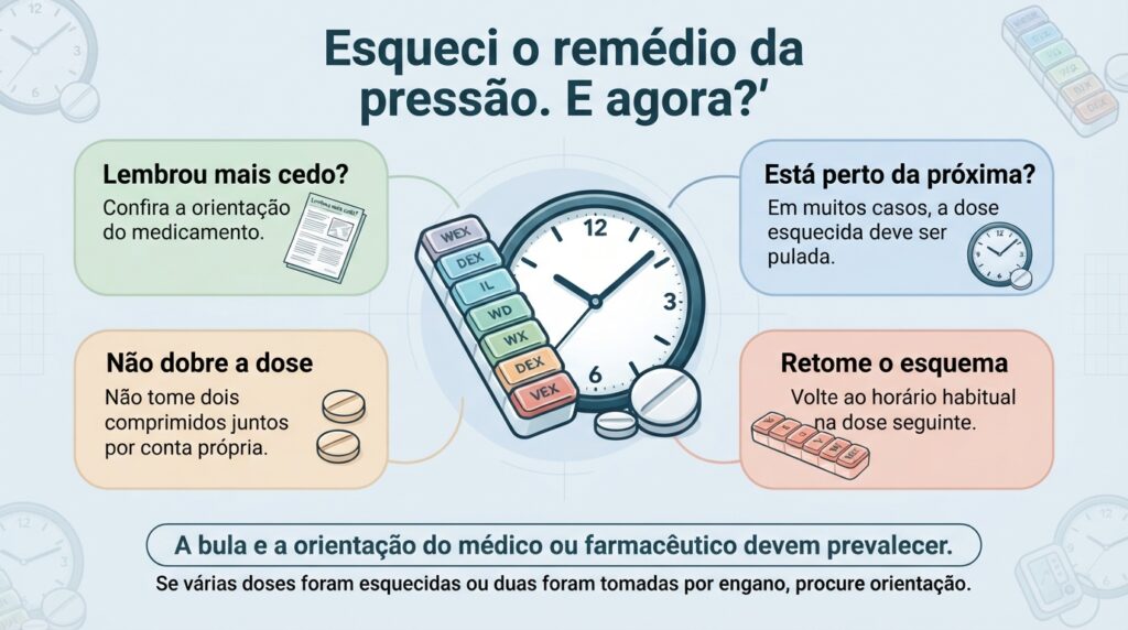 A conduta após esquecer o remédio da pressão depende do medicamento e de quanto falta para a próxima dose.v