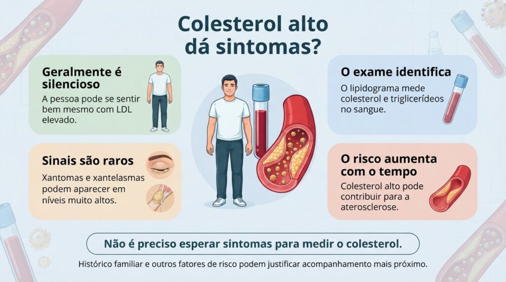 Como o colesterol alto costuma ser silencioso, o lipidograma é a principal forma de identificar a alteração.