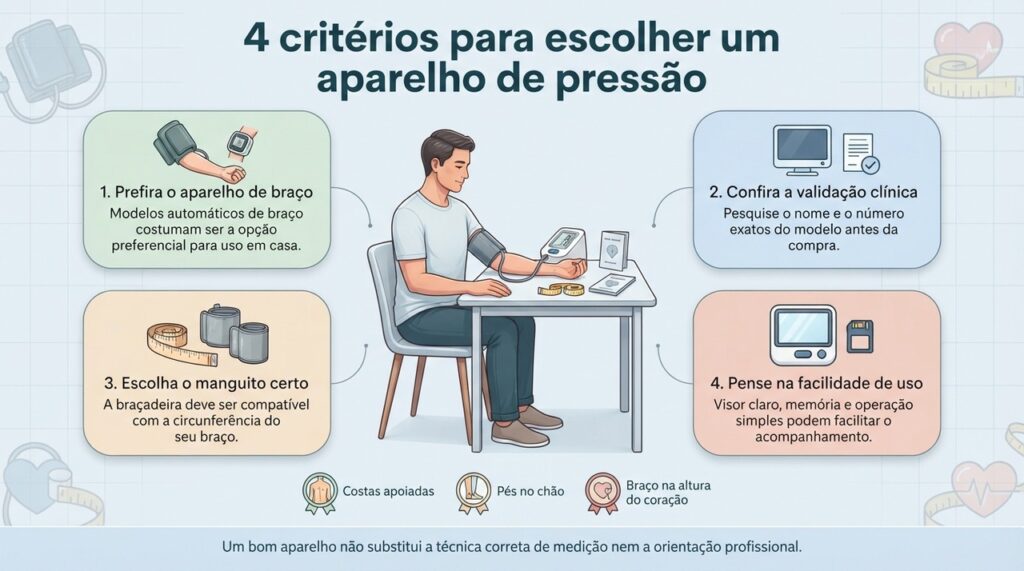 Tipo de aparelho, validação clínica, tamanho do manguito e facilidade de uso ajudam a tornar a medição doméstica mais confiável.