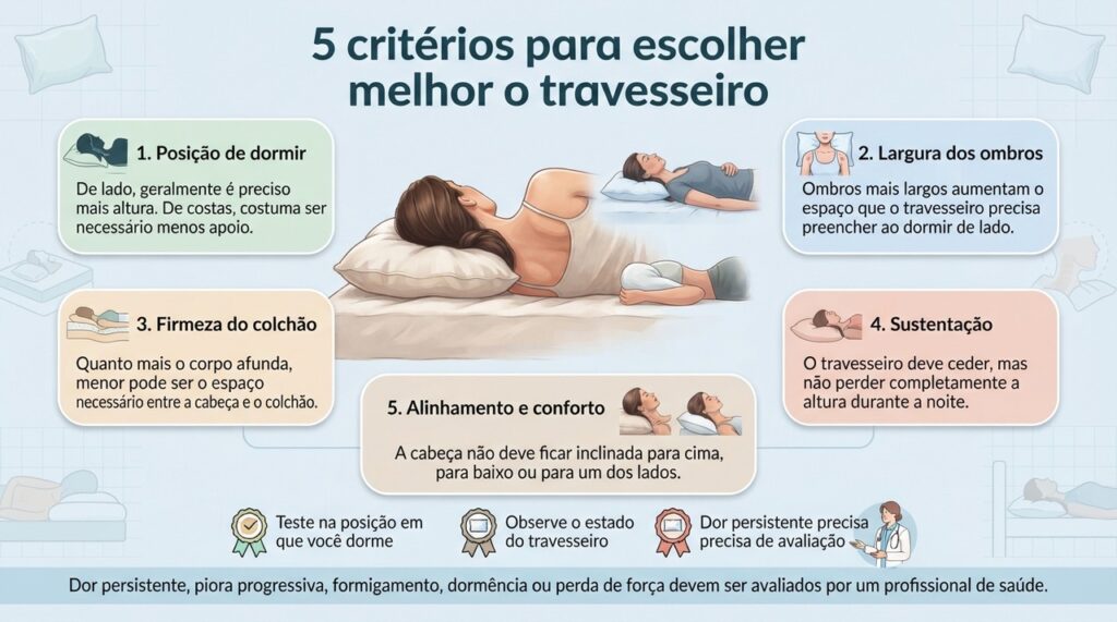O travesseiro ideal depende da posição de dormir, do corpo, do colchão e do alinhamento da cabeça com o pescoço.