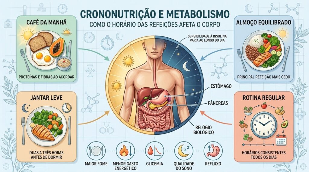 Refeições regulares, almoço equilibrado e jantar antecipado ajudam a respeitar o relógio biológico.