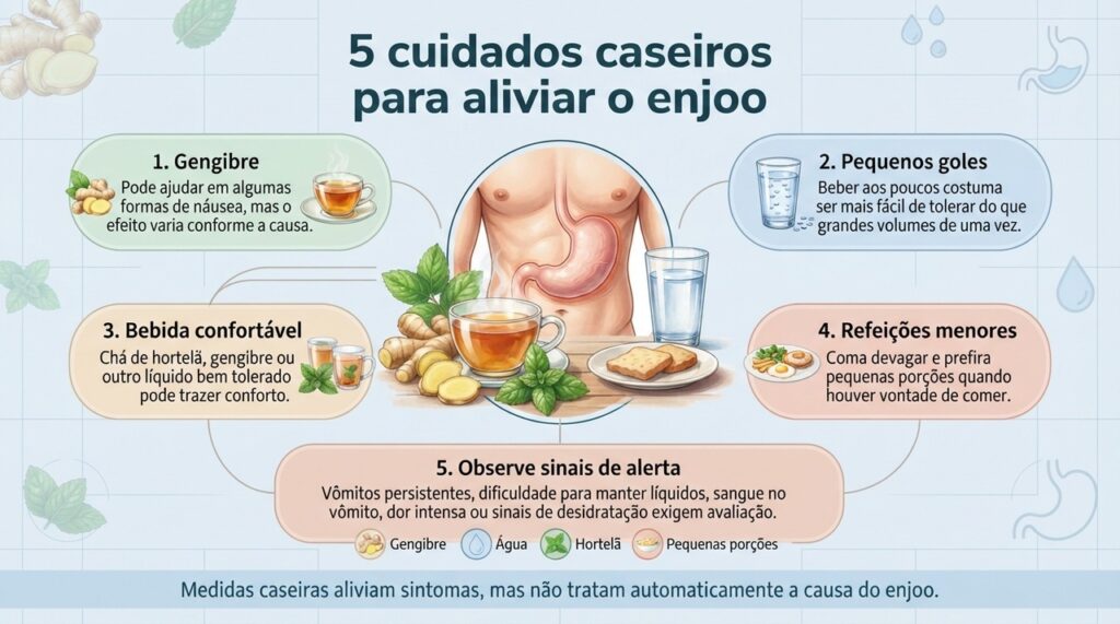 Gengibre, hidratação gradual e refeições menores podem aliviar o desconforto, mas enjoo persistente ou com sinais de alerta precisa ser investigado.