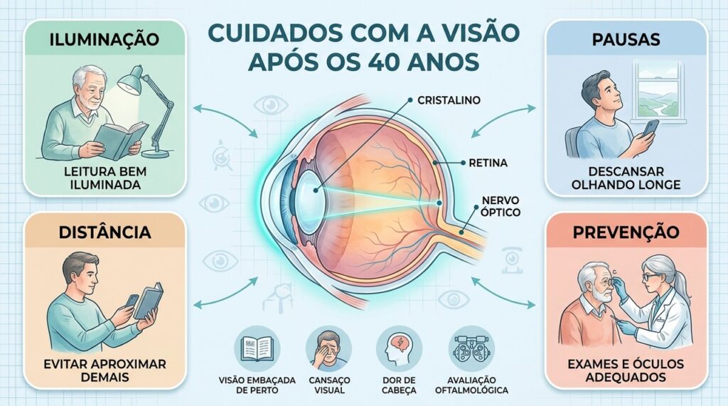Três cuidados diários e consultas oftalmológicas ajudam a aliviar o esforço visual e acompanhar a presbiopia.