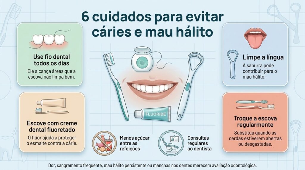 Fio dental, limpeza da língua, flúor, troca da escova, menos açúcar e acompanhamento odontológico ajudam a proteger a saúde bucal.