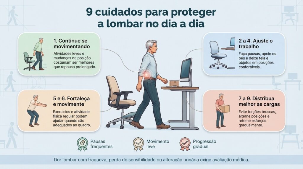 Movimento, fortalecimento, pausas e ajustes no ambiente ajudam a proteger a lombar, desde que respeitem os limites da dor.
