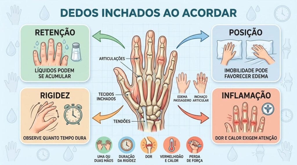 Retenção, posição, rigidez e inflamação ajudam a diferenciar causas do inchaço matinal.