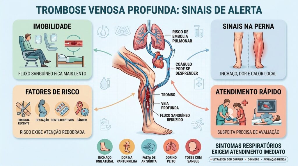TVP pode liberar coágulos e causar embolia pulmonar, exigindo atendimento imediato.