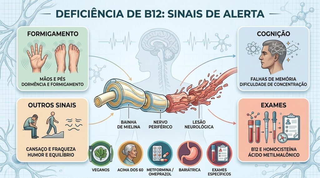 Sinais neurológicos e exames específicos ajudam a identificar precocemente a falta de B12.