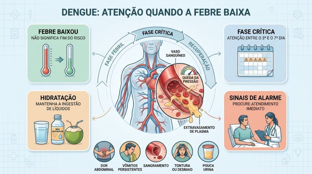 A fase crítica pode começar com queda da febre e extravasamento de plasma.