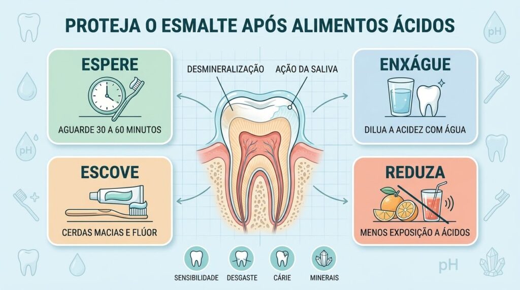 Pausa, água, flúor e escovação suave formam cuidados essenciais contra a erosão dentária.