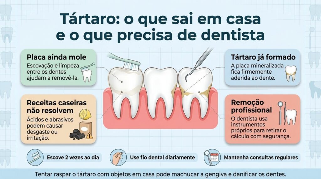 A higiene diária previne a formação de tártaro, mas o depósito endurecido precisa ser removido pelo dentista.