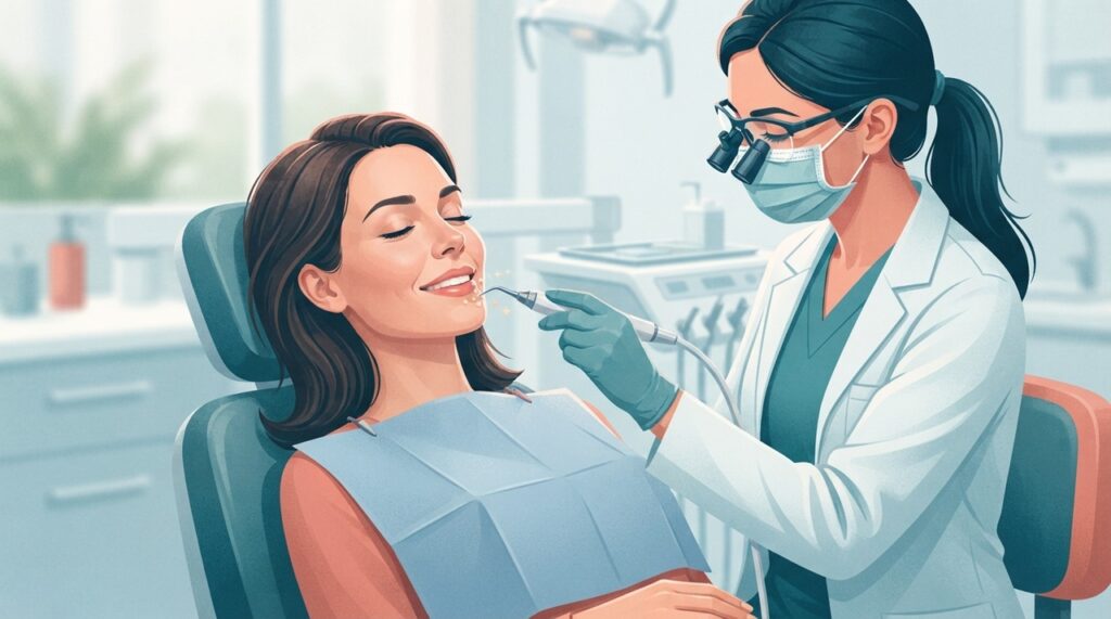 A limpeza profissional remove o tártaro aderido aos dentes com instrumentos manuais ou aparelho ultrassônico.