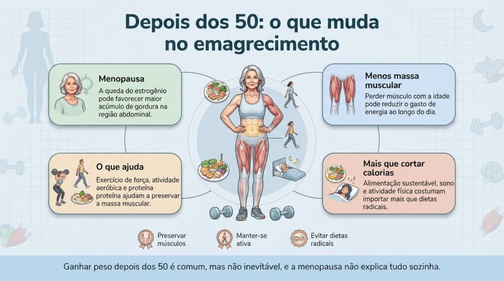 Depois dos 50, o emagrecimento pode exigir mais atenção à massa muscular, ao sono, à alimentação e à atividade física.
