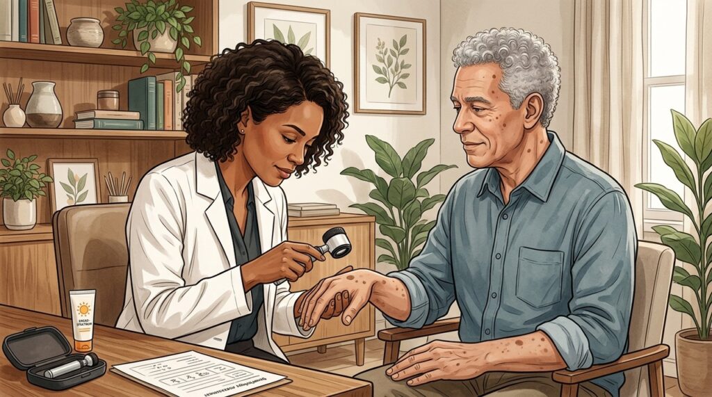 Avaliação dermatológica ajuda a diferenciar manchas solares de alterações que exigem investigação.