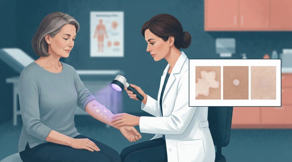 O dermatologista pode avaliar o padrão das manchas e, em alguns casos, usar exames simples para diferenciar as causas.