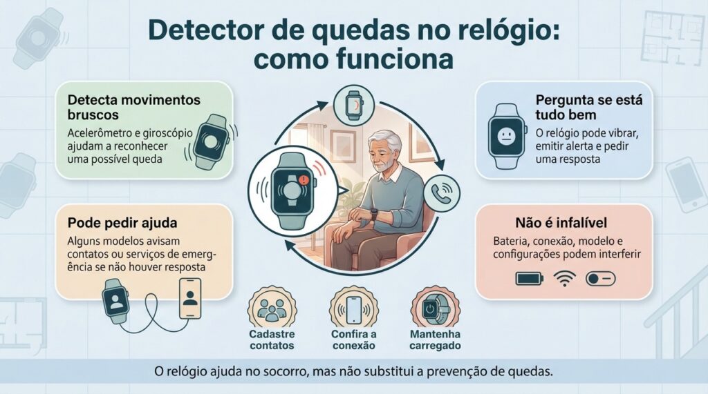 A detecção de quedas depende de sensores, configurações e conexão, e deve ser vista como apoio extra à segurança do idoso.