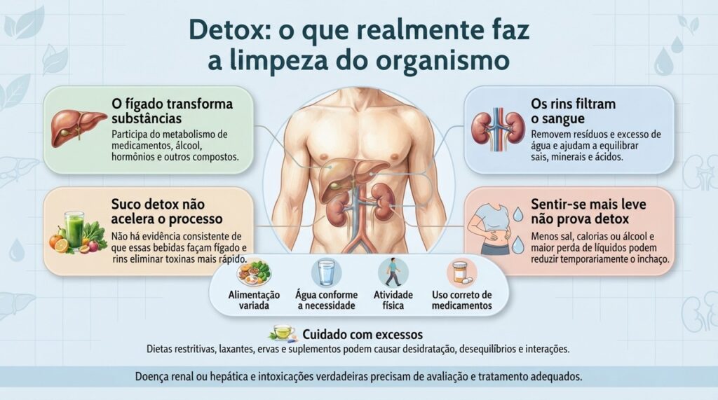O fígado transforma várias substâncias e os rins filtram o sangue continuamente; bebidas detox não substituem essas funções naturais.