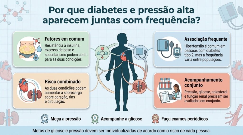 Quando diabetes e hipertensão coexistem, o acompanhamento precisa considerar também coração, rins, colesterol e outros fatores de risco.