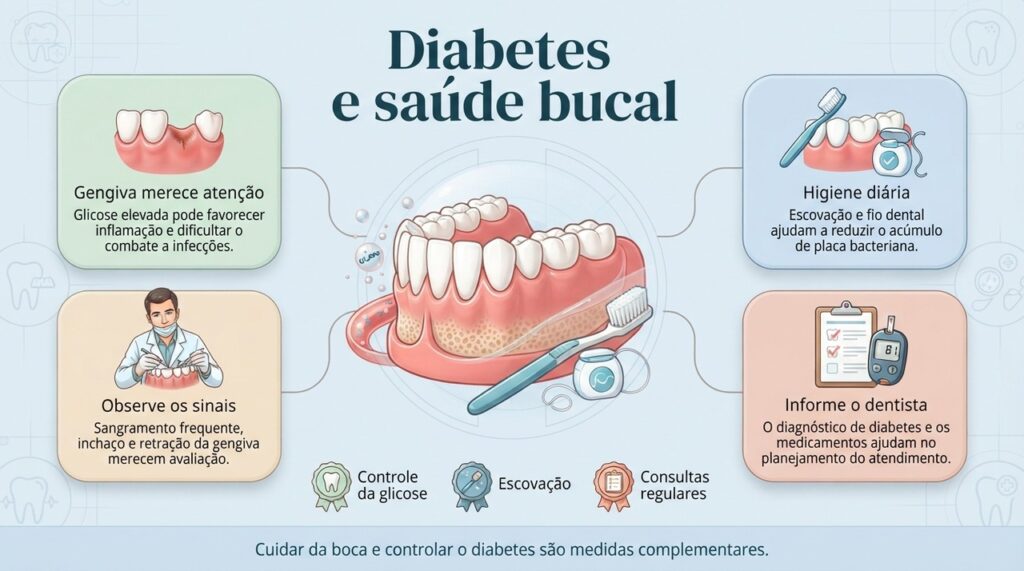 Controle da glicose, higiene bucal e acompanhamento odontológico ajudam a preservar dentes e gengivas.