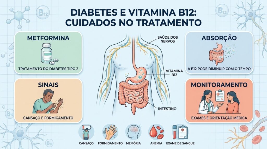 Metformina, absorção de B12, sintomas e exames: quatro pontos essenciais para acompanhar o diabetes.
