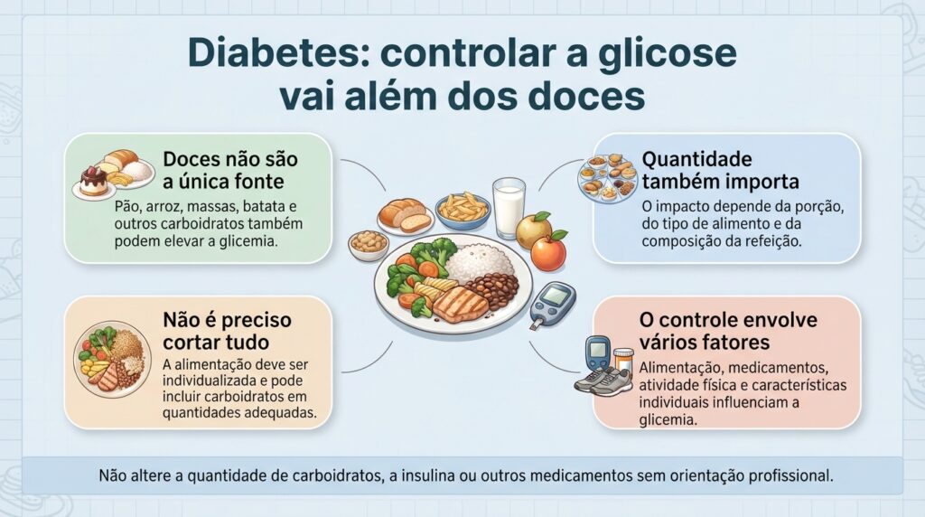 O controle da glicose considera os diferentes carboidratos da alimentação, as porções e o tratamento individualizado.