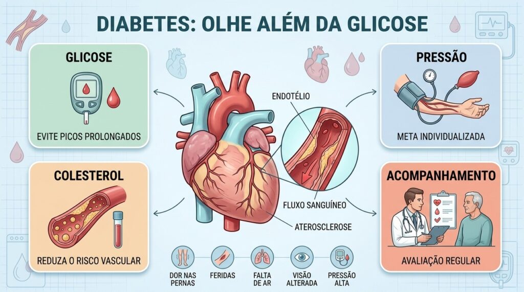 Controle cardiovascular no diabetes envolve glicose, pressão, colesterol, sintomas e acompanhamento médico individualizado.