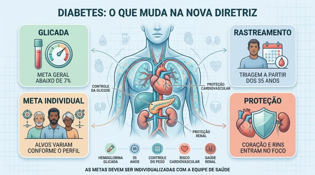 Glicada, rastreamento, metas individuais e proteção cardiorrenal orientam o novo cuidado.