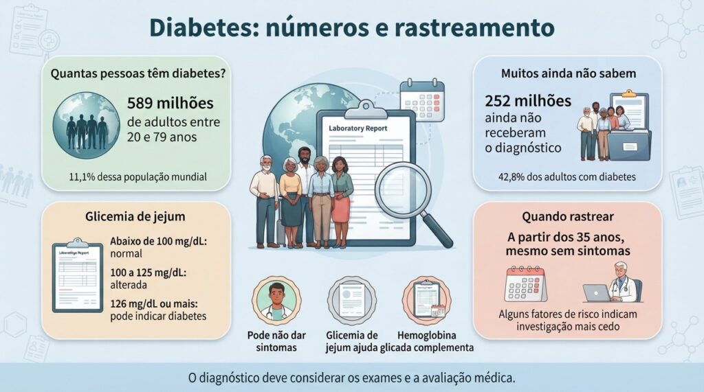 O rastreamento pode identificar diabetes antes dos sintomas, especialmente quando idade e fatores de risco indicam investigação.