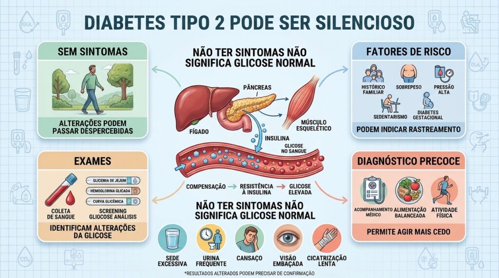 Sintomas, fatores de risco e exames ajudam a revelar diabetes ainda silencioso.